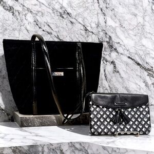 Vera Bradley Black Trimmed Tote and Tassel Studs Wristlet in Black & White Set